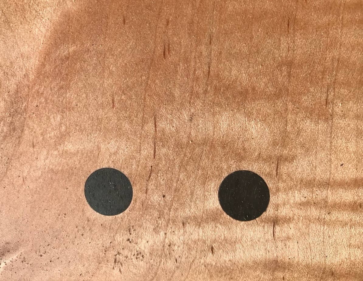 a photo of two ebony plugs in a piece of curly maple wood